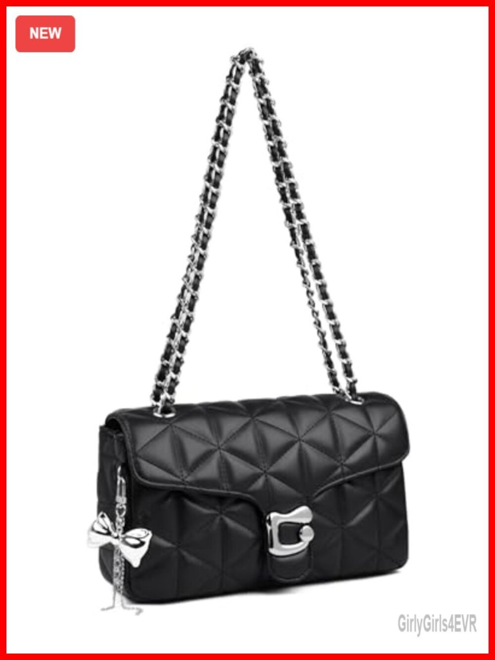 Quilted Vegan Leather Crossbody Bag with Chain Strap and Pendant Charm